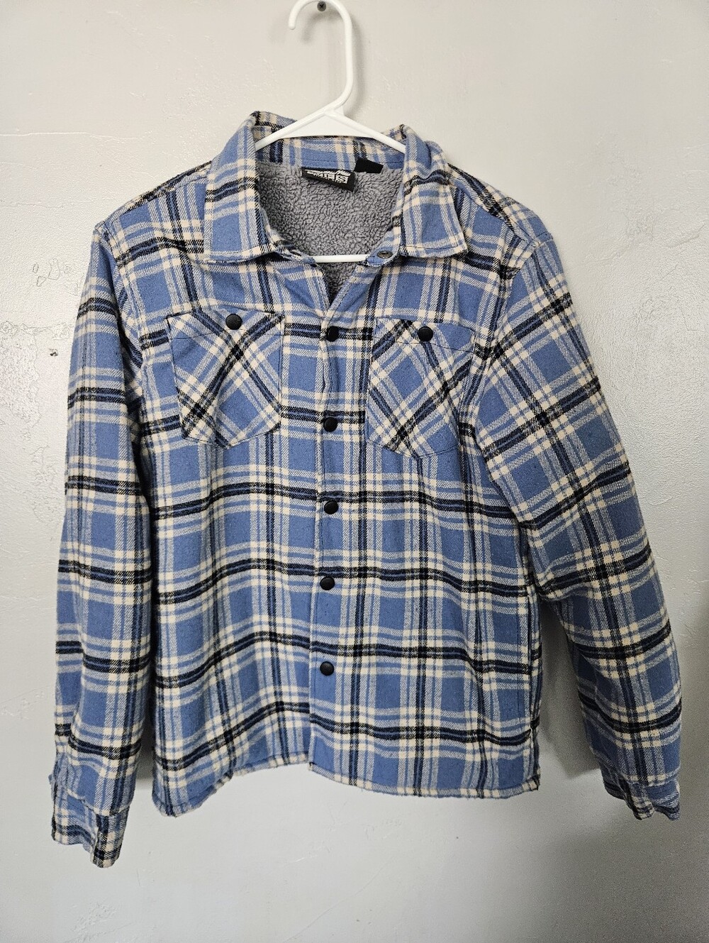 WFS Element Clear Boys Medium 12/14 Blue Plaid Cream Sherpa-Lined Flannel Jacket